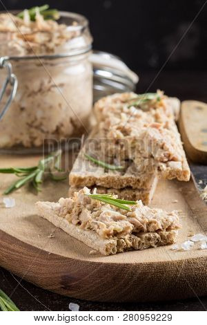 Tuna Pate With Egg, Cheese In Jar And Crispy Bread. Fish Rillette, Healthy Snack, Diet Food