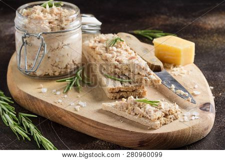 Tuna Pate With Egg, Cheese In Jar And Crispy Bread. Fish Rillette, Healthy Snack, Diet Food