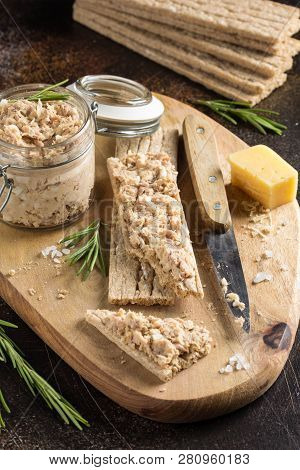 Tuna Pate With Egg, Cheese In Jar And Crispy Bread. Fish Rillette, Healthy Snack, Diet Food