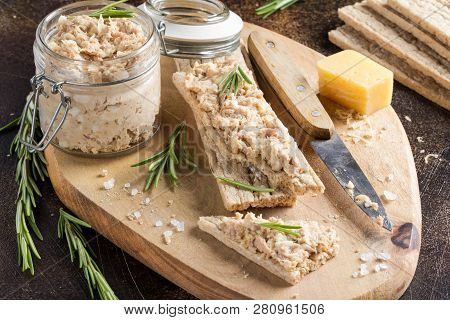 Tuna Pate With Egg, Cheese In Jar And Crispy Bread. Fish Rillette, Healthy Snack, Diet Food