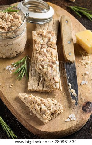 Tuna Pate With Egg, Cheese In Jar And Crispy Bread. Fish Rillette, Healthy Snack, Diet Food