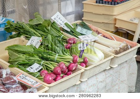 Morning Markets, Takayama, Japan - December 2018 : Japanese Seller Are Selling Fresh Vegetables, Sou