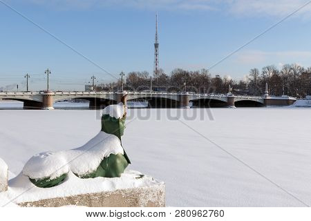 Saint-petersburg, Russia -  January 24, 2019: The Sphinx At The Kamennoostrovsky Bridge