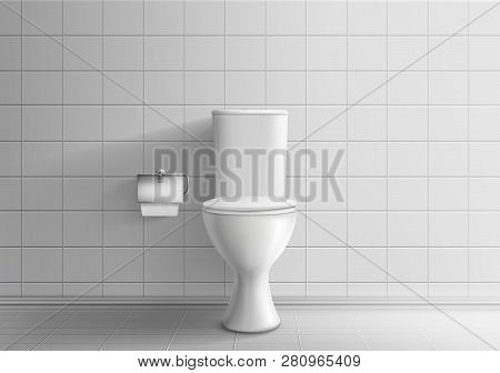 Toiler Room Minimalistic Interior With Tiled Wall And Floor 3d Realistic Vector Mockup. Classic Cera