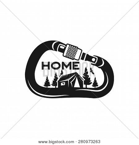 Camping Wildlife Badge. Mountain Climbing And Forest Adventure Emblem In Monochrome Retro Style. Fea
