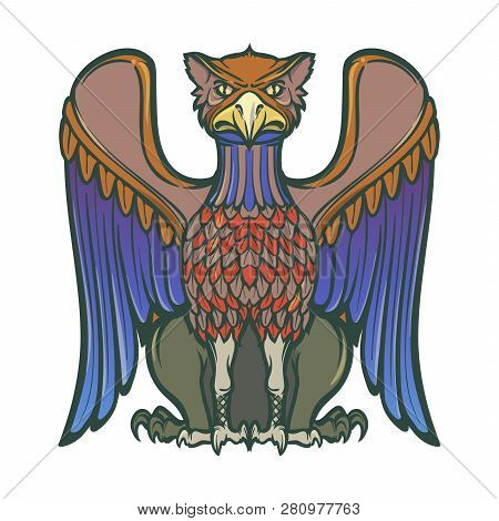 Decorative Griffin. Medieval Gothic Style Concept Art. Design Element. Vintage Color Palette. Hand D
