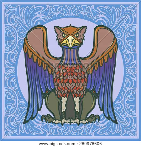 Decorative Griffin. Medieval Gothic Style Concept Art. Design Element. Hand Drawn Image Isolated On 