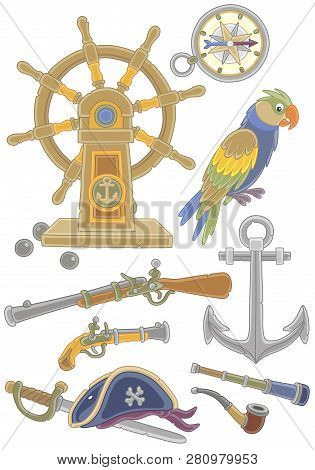 Pirate Wooden Steering-wheel, A Funny Parrot, Guns, A Compass And Other Old Weapons And Sea Things, 