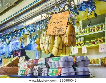 Turin, Italy - December 30, 2018. Provola Silana Cheese For Sale In A Deli Stall Of Madama Cristina 