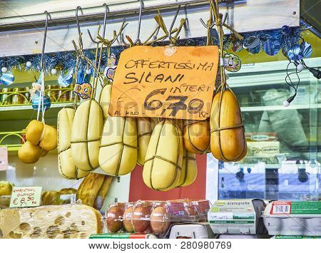 Turin, Italy - December 30, 2018. Provola Silana Cheese For Sale In A Deli Stall Of Madama Cristina 