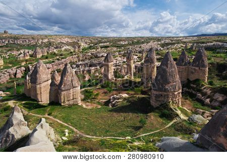 Famous Love valley with penis shape rocks in Cappadocia, Turkey