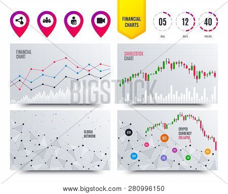Financial Planning Charts. Group Of People And Share Icons. Add User And Video Camera Symbols. Commu