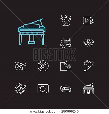 Musical Icons Set. Guitar And Musical Icons With Bass Clef, Music File And Repeat Button. Set Of Per