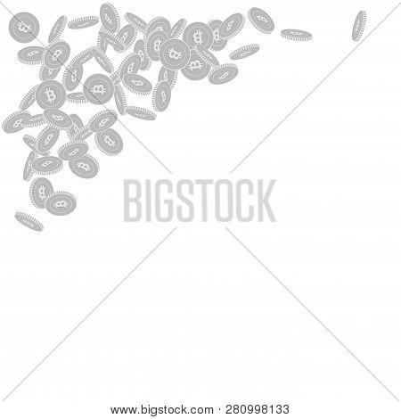 Bitcoin, Internet Currency Coins Falling. Scattered Black And White Btc Small Coins. Jackpot Or Succ