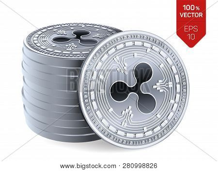 Ripple. 3d Isometric Physical Coins. Digital Currency. Cryptocurrency. Stack Of Silver Coins With Ri