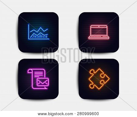 Neon Set Of Notebook, Mail Letter And Trade Infochart Icons. Strategy Sign. Laptop Computer, Read E-