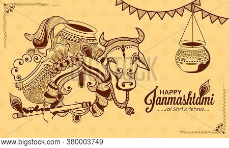 Illustration Of Lord Krishna, Cow And Dahi Handi Celebration In Happy Janmashtami Festival Of India.