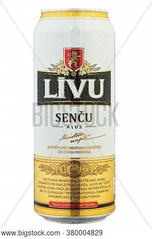 Ukraine, Kyiv - June 23. 2020: Aluminium Can Beer Livu Sencu, On White Background. Insulated Packagi