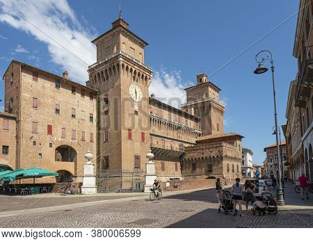 Ferrara, Italy. August 6, 2020. A Panoramic View Of Este Castle In The City Center. Imposing 14th-ce