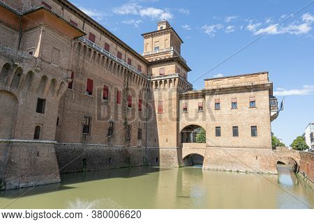 Ferrara, Italy. August 6, 2020. A Panoramic View Of Este Castle In The City Center. Imposing 14th-ce