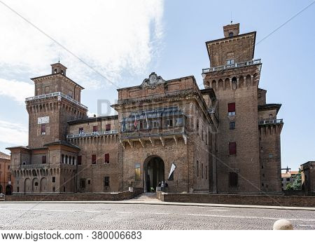 Ferrara, Italy. August 6, 2020. A Panoramic View Of Este Castle In The City Center. Imposing 14th-ce