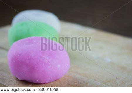 Colorful Daifuku, Japan Dessert On Wooden Plate, Moji Is Very Delicious.