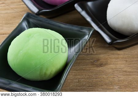 Colorful Daifuku, Japan Dessert On Wooden Plate, Moji Is Very Delicious.