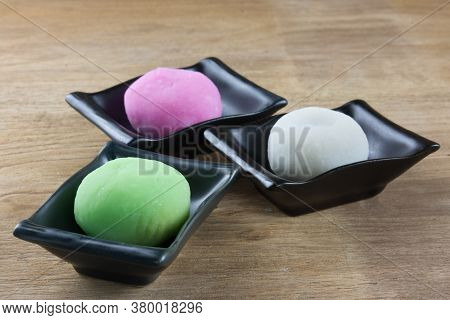 Colorful Daifuku, Japan Dessert On Wooden Plate, Moji Is Very Delicious.