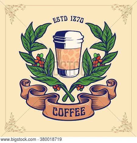 Coffee Plant Cup Glass With Banner Logo Luxury Illustrations For Restaurant, Cafe, Cafetaria And Hot