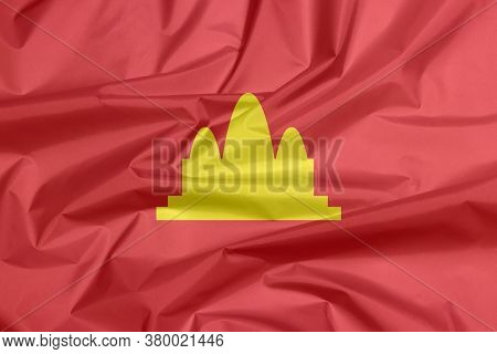 Fabric Flag Of Democratic Kampuchea, Refers To Cambodia Between 1975 And 1979.