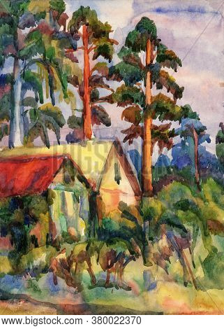 Summer Houses In Pine Forest. Dacha Houses, Summer Landscape In Bright Sunny Day. Watercolour Illust