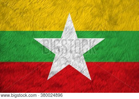 Towel Fabric Pattern Flag Of Myanmar, Crease Of Myanmar Flag Background, Red Green And Yellow Color 