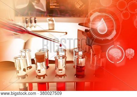 Medical 3d Illustration, Test-tubes Vials In Study Facility - Blood Sample Dna Test For Creatinine O