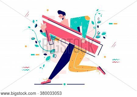 Man Holding Huge Number One And Running, Concept Illustration Isolated On White Background.