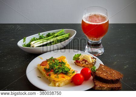 Healthy Rustic Breakfast. Fritata, Fresh Vegetables, Bread And Bread Kvass.