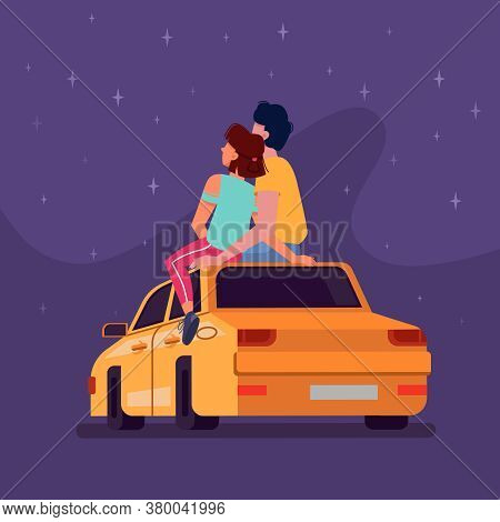 Couple Sitting On Car Roof At Night Looking At Stars In Sky, Vector Flat Cartoon Background. Young M