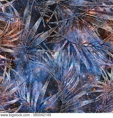 Tropical Seamless Pattern.  Blue Galaxy Background. Fashion Hand Drawn Texture. Tropical Seamless Pa