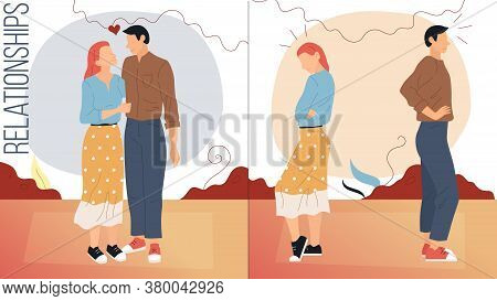 Relationship Problems Concept. Young Couple Stands Smiling And Hugging Each Other. Man And Woman Sta