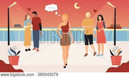 Love And Relationship Concept. Girls And Boys Enjoying Their Hot Summer Evening Walking Along The Se