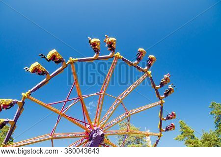 Kouvola, Finland - 14 July 2020: Extreme Ride Endeavour In Motion In Amusement Park Tykkimaki