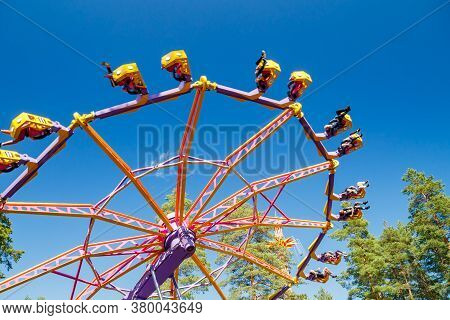Kouvola, Finland - 14 July 2020: Extreme Ride Endeavour In Motion In Amusement Park Tykkimaki