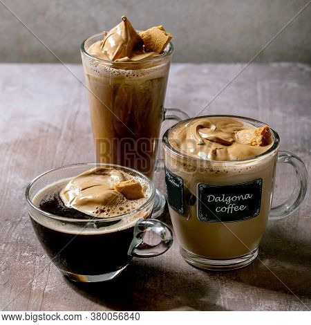 Dalgona Frothy Coffee Trend Korean Drink Latte Espresso With Coffee Foam In Three Different Glass Cu