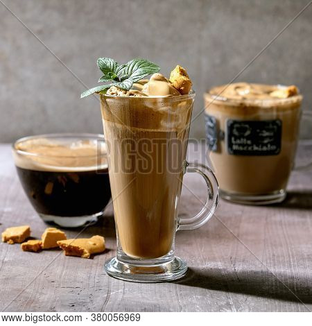 Dalgona Frothy Coffee Trend Korean Drink Latte Espresso With Coffee Foam In Three Different Glass Cu