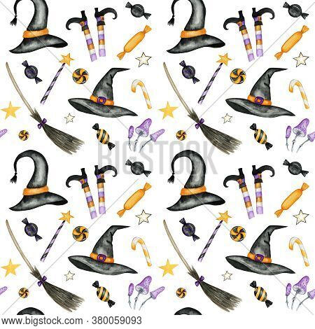 Happy Halloween Seamless Pattern With Wich Hat, Broom, Magic Wand, Candy Sweets Party Decorations. W