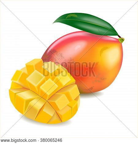 Ripe Mango And Mango Slice With Cubes Isolated White Background. Realistic  Illustration.