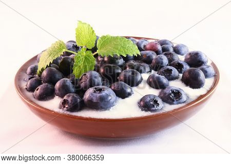 Closeup Of Blueberries In White, Rular Yogurt With Brown Bowl And Piece Of Mint.