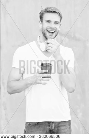 Energy And Optimism. Happy Guy Hold Hot Cup Outdoors. Enjoying Takeaway Tea Or Coffee. On-the-go Caf