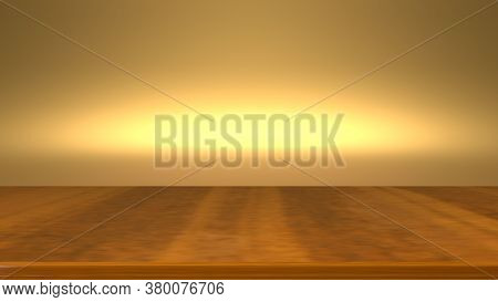 Wood Flooring Background Of Product Display. Gold Backdrop Empty Studio, 3d Rendering.
