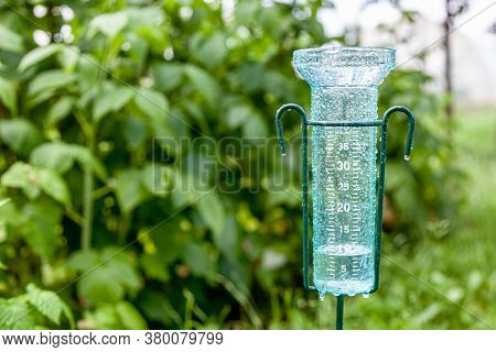 Meteorology With Rain Gauge In Garden After The Rain