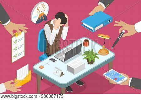 3d Isometric Flat Vector Conceptual Illustration Of Exhausted Office Woker.